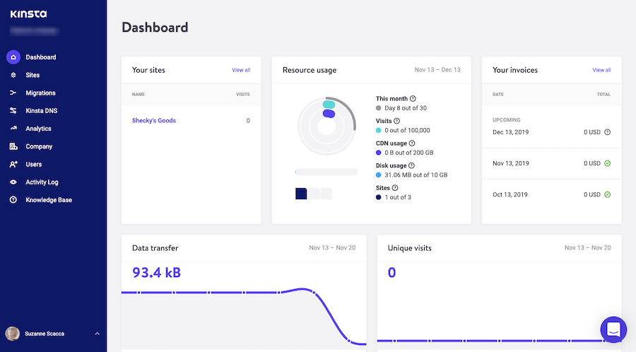Het MyKinsta managed hosting dashboard voor gebruikers